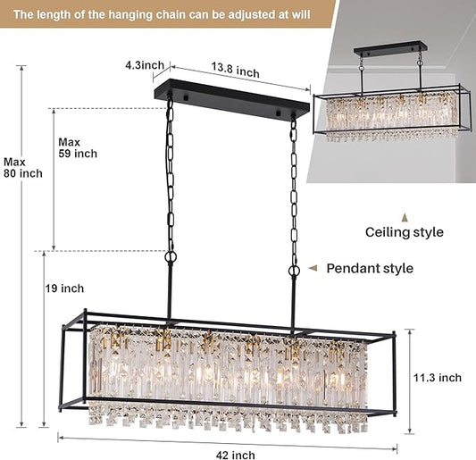 Crystal Chandeliers for Dining Room, Modern Black Chandelier for Living Room, Adjustable Height, 6-Light Pendant Light Fixture, 42 in Large Rectangle Lighting for Kitchen Island Living Room