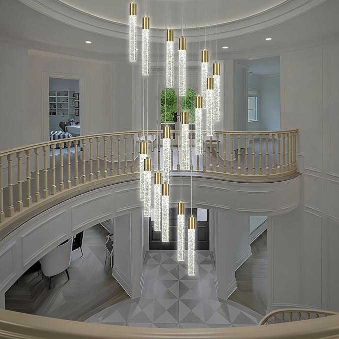 16 Lights Modern High Ceiling Crystal Chandelier, Gold Bubble Light Adjustable Height LED Chandeliers Ceiling Pendant Light Fixture for Living Room, Entryway, Staircase
