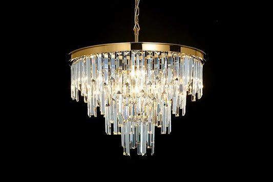 Gold Top K9 Crystal Chandelier Modern Lighting Fixture, 9 Lights Round K9 Crystal Adjustable Hanging Lamp for Dining Room Bedroom Living Room,Hallway,Bar,Kitchen W24''