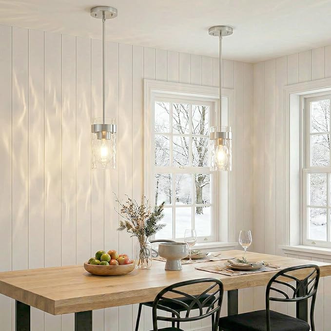 Water Ripple Glass Pendant Lights Kitchen Island Brushed Nickel Pendant Light Fixtures Adjustable Modern Mini Hanging Light for Sink Dining Room Foyer Entryway Bar, 3 Pack
