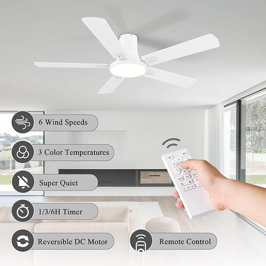 SNJ 52 Inch White Ceiling Fans with Lights and Remote,Flush Mount Low Profile 5 Blades Ceiling Fan,Dimmable Quiet Reversible DC Motor for,Living Room,Bedroom and Patio