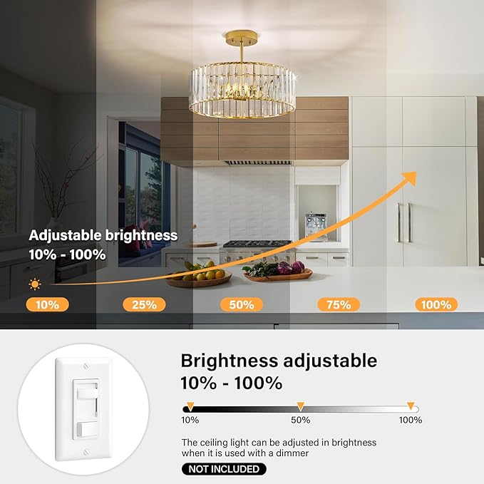 YURNYQ Glod Crystal Ceiling Light Fixture, Modern Semi Flush Chandelier, Round Hanging Lighting Chandeliers for Dining Room, Kitchen, Bedroom, 3-Light, 15.74 Inch