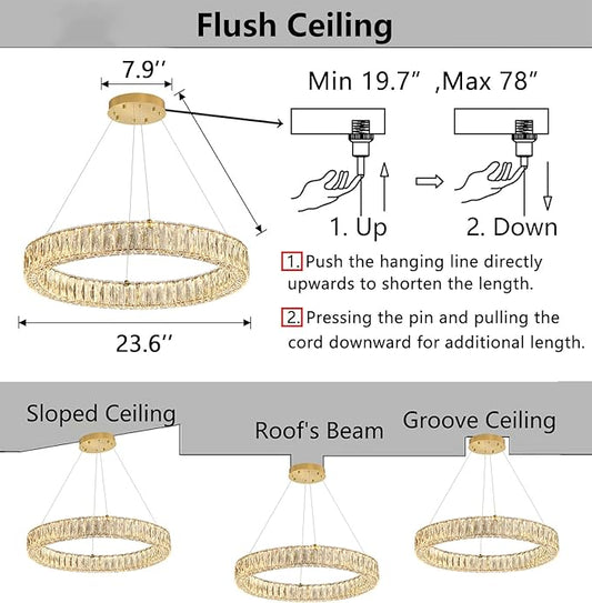 HAIXIANG Modern Crystal Chandelier Dimmable LED Ring Pendant Lights Adjustable Glam Chandeliers Lighting Fixtures for Dining Room Living Room Bedroom Gold Light