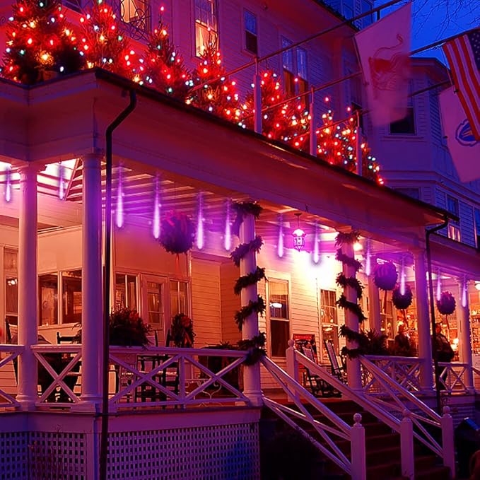 Purtuemy Halloween Lights Outdoor, Meteor Shower Lights 12 inch 8 Tubes Icicle Fairy String Lights for Halloween Christmas Decorations Tree Party Yard Outdoor, UL Plug, Purple