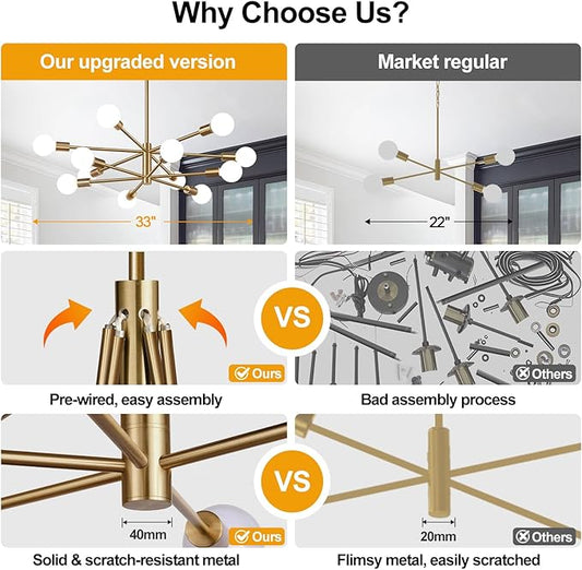 MQMQA Sputnik Chandeliers Dining Room Light Fixture (12-Light, 33-Inch), Modern Brushed Brass Chandelier, Height Adjustable Mid Century Modern Chandeliers for Dining Room Kitchen (Bulbs not Included)