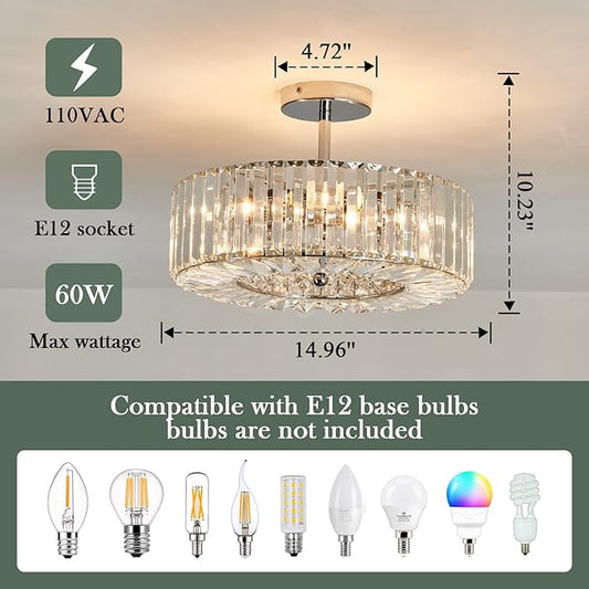 Piepooye 4 Lights Modern Crystal Chandelier Chrome Round Semi Flush Mount Ceiling Light Fixture Farmhouse Chandelier for Dinning Room Living Room Bedroom Hallway Entryway Kitchen