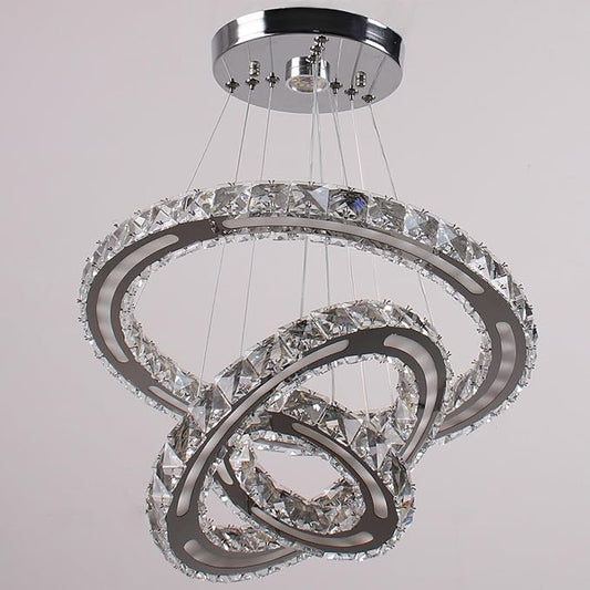 Chandeliers Modern Ceiling LED Fixture 3 Rings Adjustable Crystal Light Fixture Ceiling Hanging Pendant Light for Living Room Dining Bedrooms Hall 180mm Base 153 Crystals(White Light)
