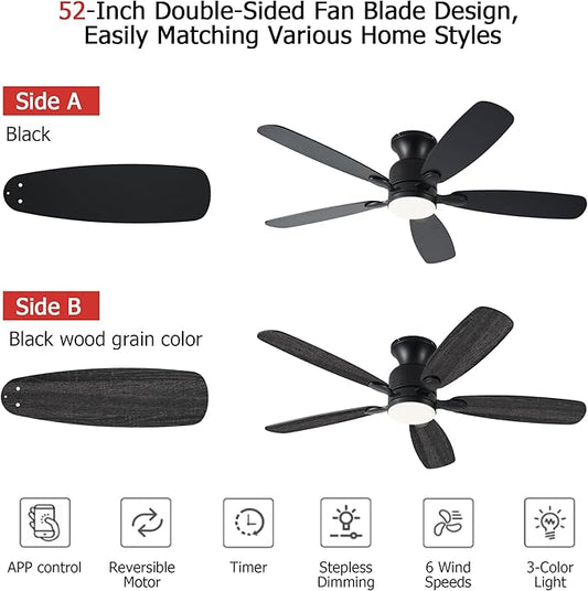 NKPU 52inch Black Ceiling Fans with Lights, Low Profile Ceiling Fan with Light and Remote/APP Control, Reversible DC Motor, Noiseless, Dimmable, Flush Mount Ceiling Fan for Bedroom Living Room Patios