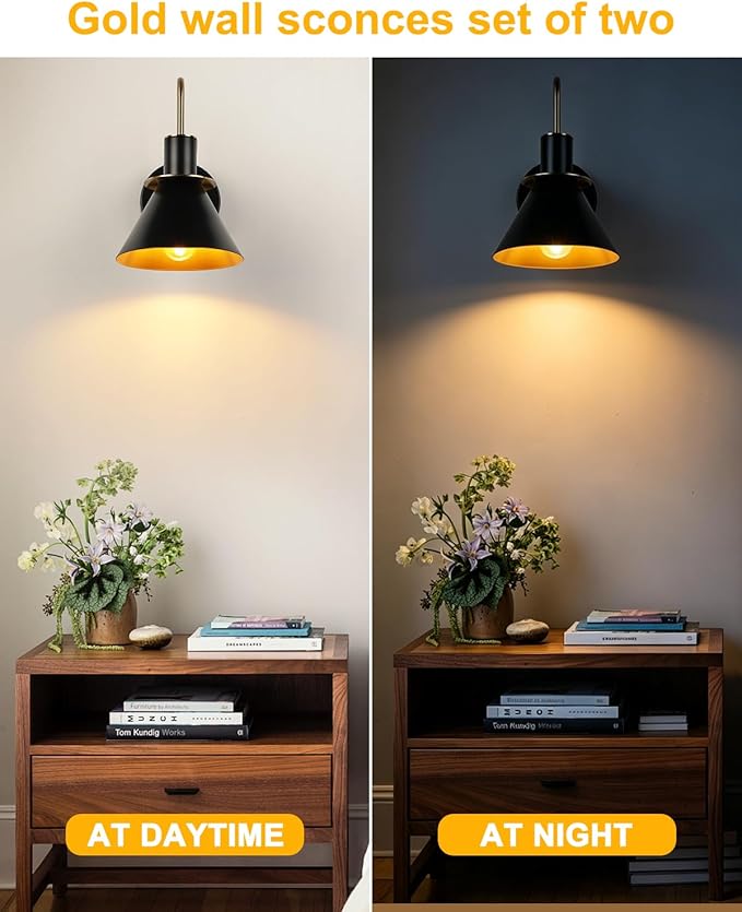 WILON Gold and Black Wall Sconces Set of Two, Modern Farmhouse Wall Light Fixture, Industrial Indoor Wall Lamp for Bathroom Kitchen Sink Bedroom Living Room Bedside Hallway
