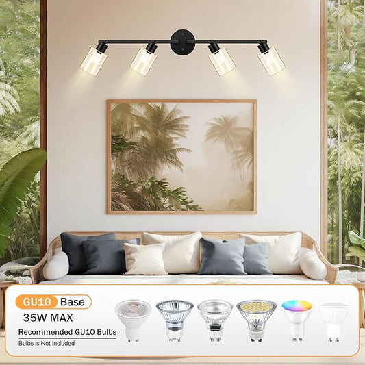 BoostArea 4 Light Led Track Light,Glass Lightshade Track Lighting Kits,4 Way Modern Ceiling Spot Lights for Kitchen,Dining Room,Bedroom,Hallway,Flexibly Rotatable Light Head,Black,Not GU10 Bulb