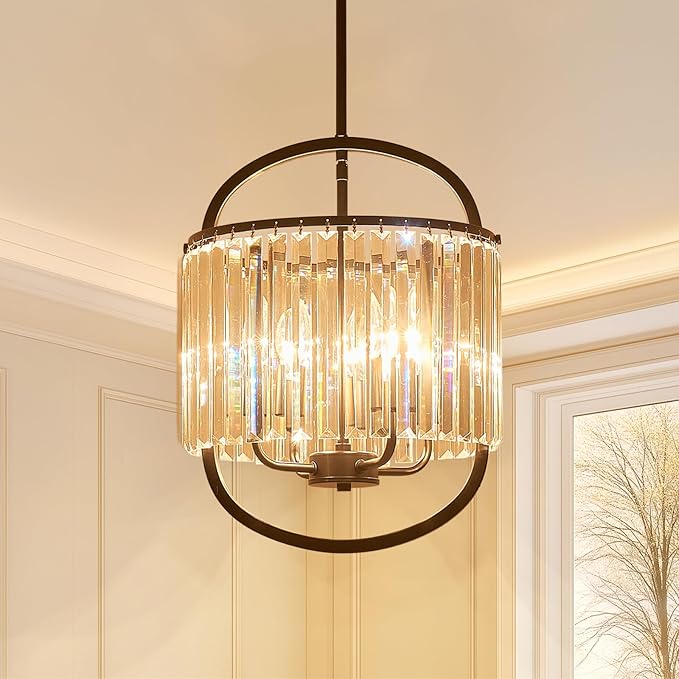 Black Crystal Pendant Light for Dining Room 12.8" Mini Luxury Crystal Chandelier 4-Light Small Modern Elegant Adjustable Chandelier for Bedroom Kitchen Island Hanging Ceiling Light Fixture
