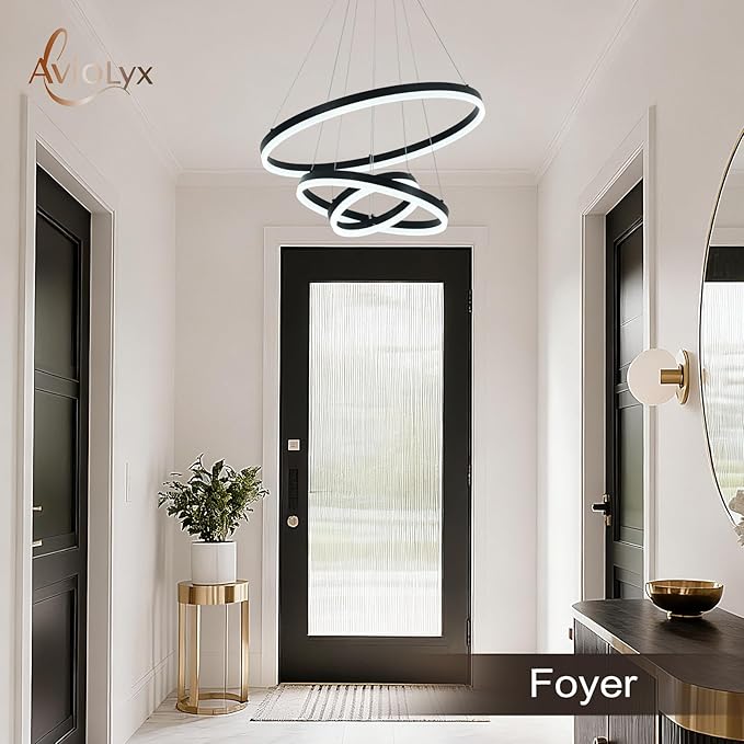 3 Rings Modern LED Chandelier Black High Ceiling Ring Chandeliers with Remote Control Circular Pendant Light Dimmable for Dining Room Living Room Bedroom Foyer Entryway 3000K-6500K