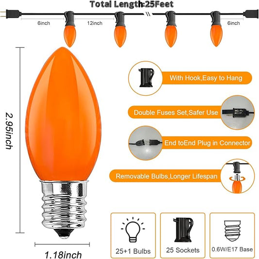 Orange LED Outdoor Halloween Lights, 25FT Halloween Decorations with 25 C9 LED Bulbs, Connectable String Light Plug in for Garden Patio Party Haunted House Ghost Holiday Decor