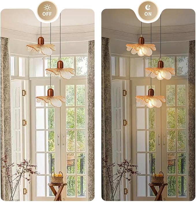 Glass Chandelier 3-Light Kitchen Island Pendant Light Shade Vintage Walnut Wood Chandeliers Amber Glass Hanging Pendant Lamp for Dining Room, Living Room, Bedroom