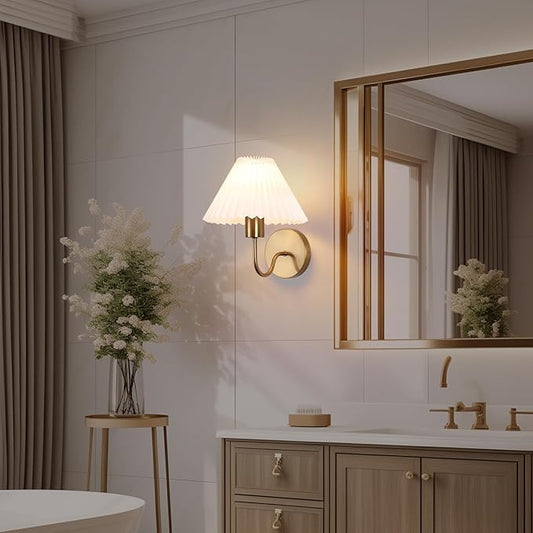 Brushed Brass Wall Sconces Sets of 2 With White Pleated lampshade, Indoor Gooseneck Gold Wall Lamp Lighting, Bathroom Dresser Hardwired sconces wall decor Fixture for Living Room Bedroom Dining Room