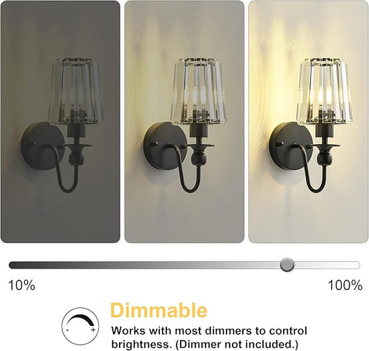 KARTOOSH Hardwired Crystal Wall Sconces Set of Two - Dimmable Wall Light Fixtures 3000K, Warm White, for Hallway, Bathroom, Living Room, Bedroom, Black, 11.2 Inch