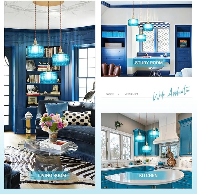Mid Century 3-Light Blue Glass Chandelier Globe Cluster Chandeliers with Striped Round Shade Modern Large Glass Ceiling Pendant Light Fixtures for Kitchen Island Staircase Dining Room