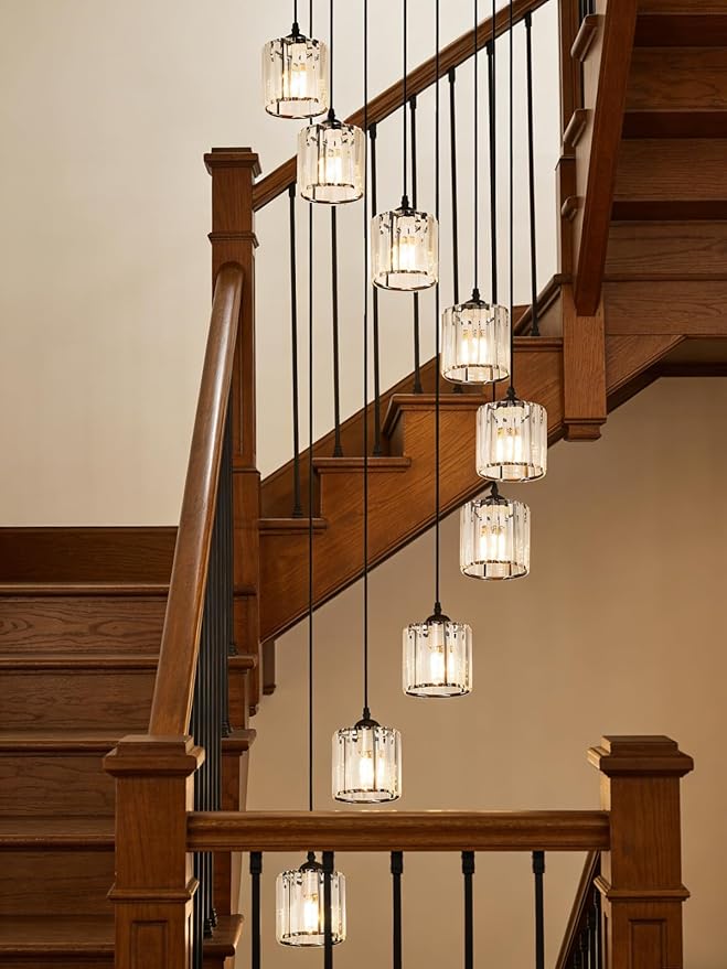 Long Chandeliers for High Ceilings,Modern Crystal Pendant Light,Raindrop Drop Lamp,Hanging Flush Mount Lighting Fixtures for Spiral Staircase,Foyer,Entryway,Living Room,Black (8 Lights)