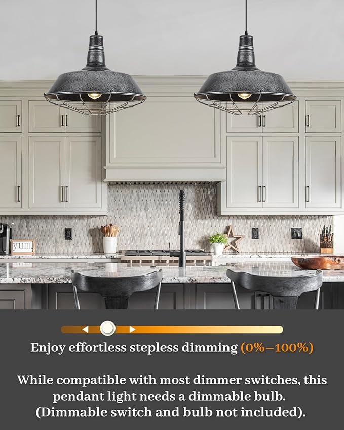 Large Farmhouse Pendant Lights 2 Pack, 18.1 Inch Oversized Industrial Pendant Light, Black and Silver Barn Pendant Light with Wire Cage, Island Pendant Lights for Kitchen Barn Warehouse
