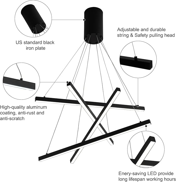 Modern Led Chandelier, High Ceiling Chandelier, Linear Chandelier 4 Lights Black Dimmable Large Pendant Light 51.8“ for Living Room Staircase Entry Foyer Lobby Office Duplex