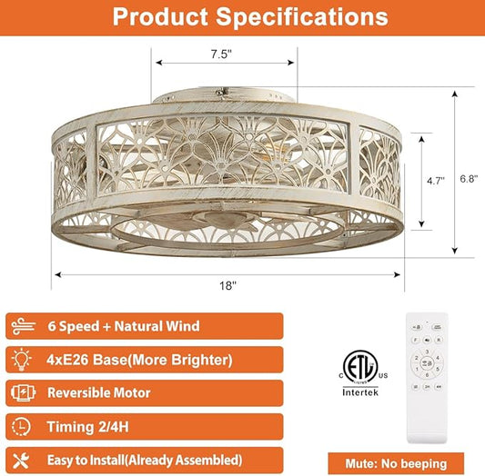 SHLUCE 18" Caged Ceiling Fan with Light, Small Flush Mount Fandelier Ceiling Fans with Lights and Remote, Rustic Low Profile Bladeless Ceiling Fan with Light for Bedroom, Kitchen, White Gold - ETL