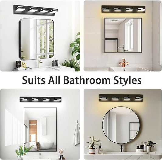 LED Modern Bathroom Vanity Light Fixtures 4-Light 28-inch 5CCT Dimmable Matte Black Vanity Lights for Bathroom Lighting Fixtures Over Mirror, with 360° Rotatable Acrylic Heads