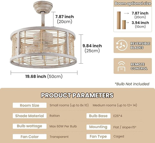 ainqiant 20 Inch Rattan Caged Ceiling Fan with Light, Boho White Fandelier Ceiling Fan with Lights and Remote, Enclosed 6 Speed for Bedroom Kitchen Dining Room
