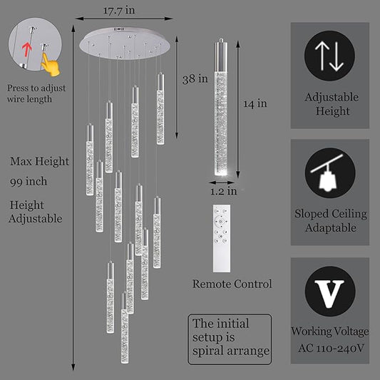 Modern High Ceiling Crystal Chandelier 12-Lights, Large Spiral LED Raindrop Foyer Pendant Lighting, Bubble Staircase Living Room Hanging Light Fixture Flush Mount Chrome