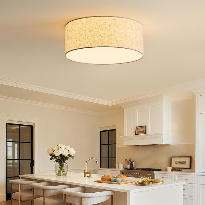 16-Inch Flush Mount Ceiling Light Fixture with Linen Fabric Shade, Modern Drum Light Fixture 3-Light Bedroom Lights for Ceiling, Farmhouse for Living Room, Dining Room, Kitchen, Entrance