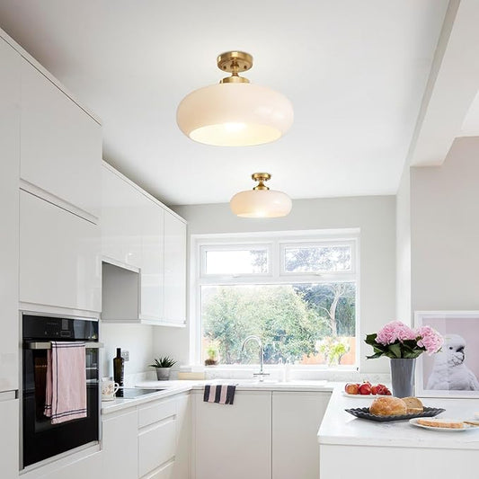 Mid Century Modern Flush Mount Ceiling Light Fixture with Cream White Glass Shade, 15.74 Inch Minimalist Chandelier for Bedroom Kitchen, Easy to Install, E26 Base
