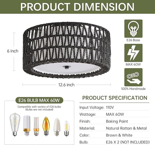 Boho Black Ceiling Light Fixtures 2-Light Rattan Flush Mount Ceiling Light, 12.6" Modern Light Fixture Close to Ceiling Light for Bedroom Nursery Foyer Hallway Entryway Kids Room