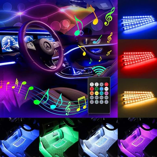 Car LED Strip Light Interior, Sound Active 4 Lines 48 LEDs Multicolor Music Sync Interior Car Lights Under Dash Waterproof led Lights for car, Wireless Remote Control, with Car Charger,DC 12V