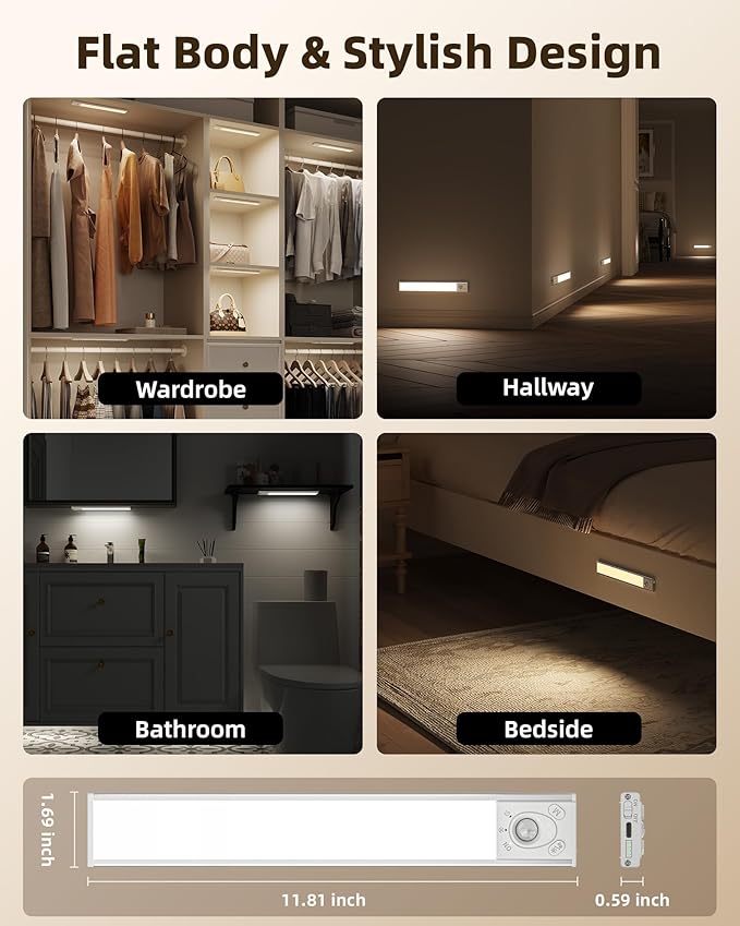 EZVALO Under Cabinet Lighting Wireless, 3Pack 12'' Rechargeable Closet Lights, LED Motion Sensor Indoor, Dimmable & 3 Color Temps Battery Operated with Power Display, for Kitchen, Stairs, Bookshelf
