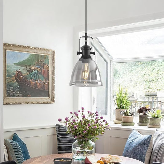 Black Pendant Lights Kitchen Island 2 Pack, 6.5" Modern Farmhouse Smoked Glass Pendant Light, Island Lights for Kitchen, Mini Pendant Lighting for Kitchen Island Dining Room