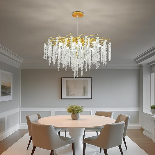 Crystal Tree Branches Chandeliers Luxury Round Raindrop Pendant Light Fixture Ceiling Hanging Light for Dining Room Bedroom Living Room Entryway D31.5“ Gold