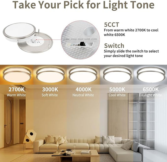 13Inch 36W Ceiling Light Fixture, 5CCT Flush Mount Ceiling Mount Light 2700K 3000K 4000K 5000K 6500K Adjustable, Dimmable Close to Ceiling Light, LED Ceiling Light for Bathroom Kitchen Bedroom, Nickel