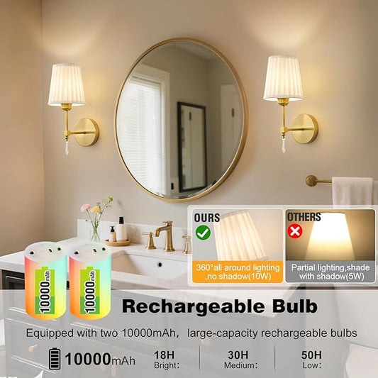 Battery Operated Wall Sconce Set of 2, 10000 Mah Rechargeable Wall Sconces Dimmable 12 RGBS,Remote Wireless Sconces,Gold Sconces Wall Decor Set of 2 Fabric,Cordless Wall Lamp for Bedroom,Living Room