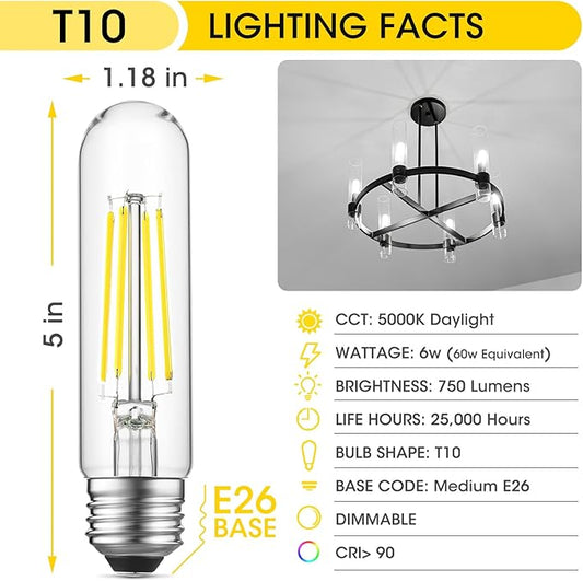Gozelux E26 LED Bulb 6W Equal 60 Watt Light Bulbs Daylight 5000K E26 Edison Bulb AC120V 750lm Dimmable 5 Inch Long Tubular T10 LED Bulb for Rustic Pendant, Chandeliers, Wall Sconces, Pack of 6