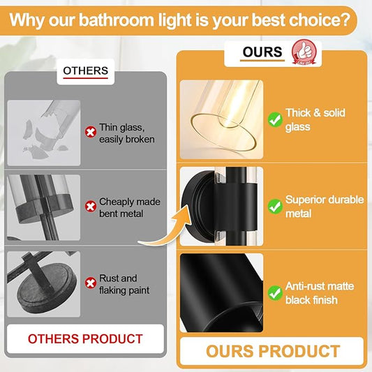 Wall Sconces Set of Two,Matte Black Bathroom Sconces with Clear Glass, Hardwired Sconces Wall Decor Set of 2, Modern Wall Vanity Light Fixtures for Bathroom Mirror Bedroom Living Room Hallway