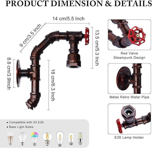 XEYOU Retro Wall lamp Vintage Industrial Steampunk Wall Sconce with Switch Metal Water Pipe Wall Mounted Light Fixture E26 Edison Bulb for Cafe Bar Restaurant Bedroom Livingroom