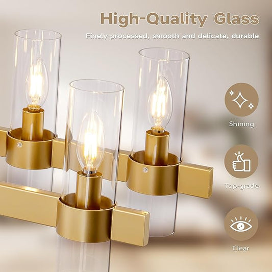 Gold Linear Chandeliers for Dining Room, 54" Rectangle Chandelier with Glass, 16-Light Modern Chandeliers Over Table, Farmhouse Chandelier for Kitchen Island, Industrial Pendant Light Fixtures