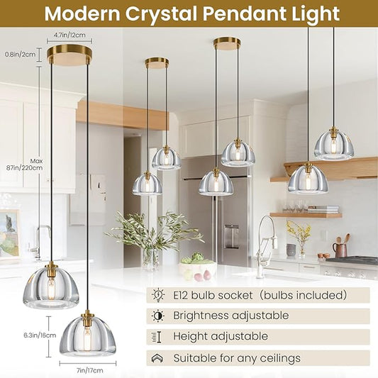 2 Head of Hemispher K9 Crystal Pendant Light with Brass Rod,7.1" Dimmable Contemporary Light Above Dining Table,Modern Ceiling Hanging Lighting for Bedroom E12 Bulbs Included