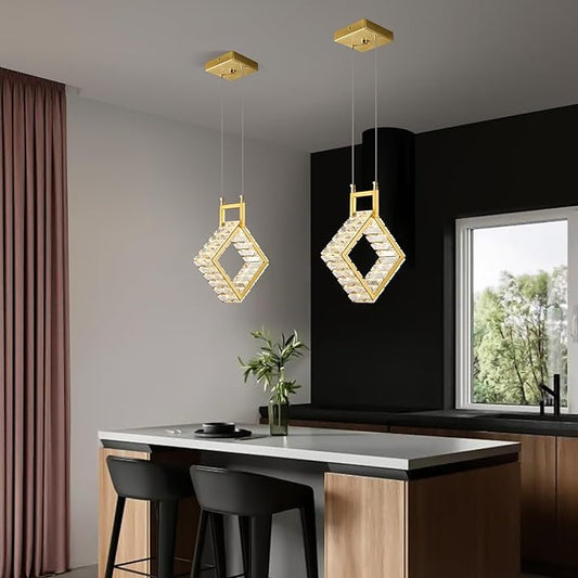 Kitchen Island Mini Light Fixture Modern Led Crystal Pendant Light Gold Square Chandelier for Dining Room Living Room Kitchen Bedroom Bar(1-Pack)…
