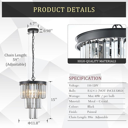 CATINER 3 Tiers Black Crystal Pendant Light, Mini Smoke Gray K9 Crystal Chandelier Modern Pendant Light Fixture for Kitchen Island Dining Room Hallway Bedroom Closet