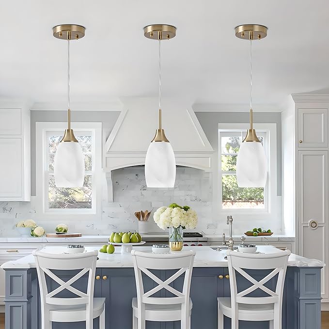 Viinew Mini Glass Pendant Light 4.72" with Handblown White Swirl Art Glass Hanging Light 1-Pack Oval Ceiling Hanging Light Fixture for Dining Room Kitchen Island Cafe Foyer Hallway