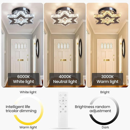 Mini LED Crystal Chandelier - Modern Dimmable Flush Mount Ceiling Light Fixture with Remote - Small Star Chandelier for Hallway, Foyer, Kitchen, Stair, Closet - 3 Colors Adjustable