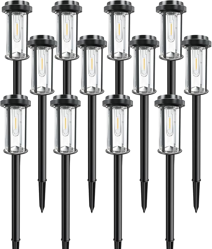 DERAYSION 12 Pack Solar Lights Outdoor, 21" Solar Pathway Lights Auto On/Off Waterproof Garden Lights for Path, Yard, Walkway, Driveway Decor, Cool White