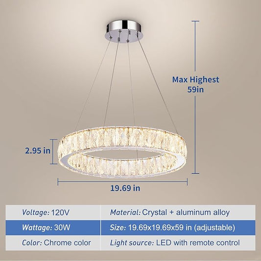 Depuley Modern LED Crystal Chandeliers: 19.7" Ring Chandelier Hanging Crystal Ceiling Light Fixture - 30W Adjustable Height Pendant Light for Living Room Dining Room Bedroom Foyer