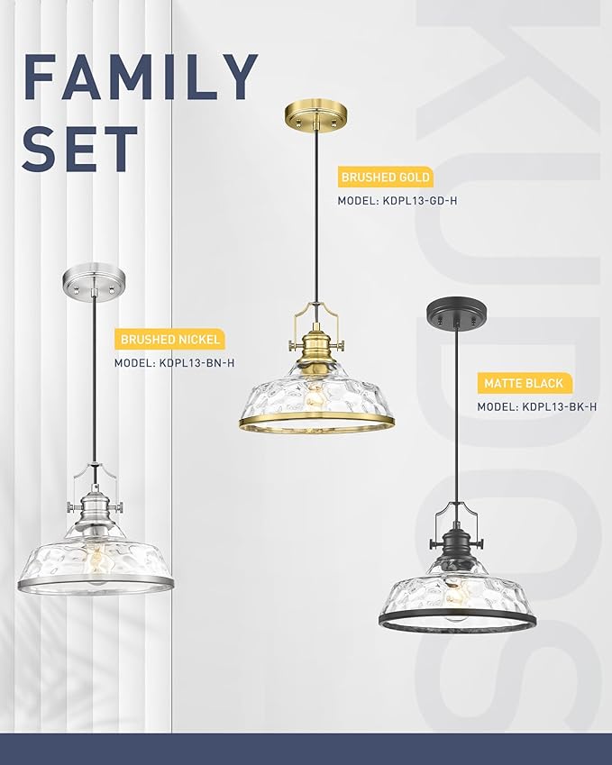 kudos Gold Pendant Lights Kitchen Island, 11" Brass Kitchen Island Lighting with Clear Hammered Glass Shade, Farmhouse Hanging Light Fixture for Kitchen Sink Dining Room Hallways, KDPL13-GD-H