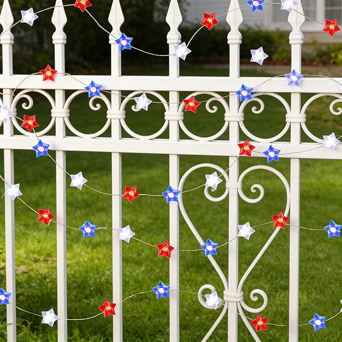 WATERGLIDE 1 Pack 4th of July String Lights, 16FT 50LED Red White and Blue Patriotic Star Lights, Battery Operated with 8 Modes & Timer, Waterproof Indoor Outdoor for Memorial Day Independence Day